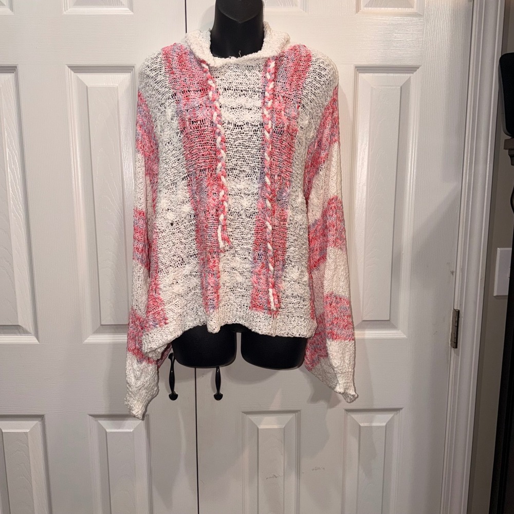 NWOT POL Pink Purple Striped Open Knit Hooded Sweater Womens Large Boho Crochet - Picture 2 of 4